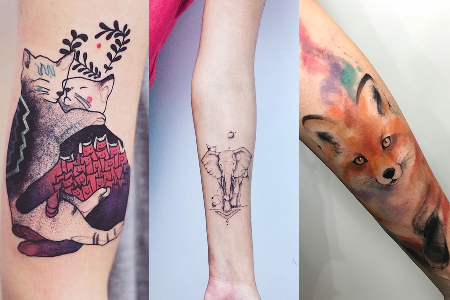 tatuagens no braço de gato, elefante e raposa 