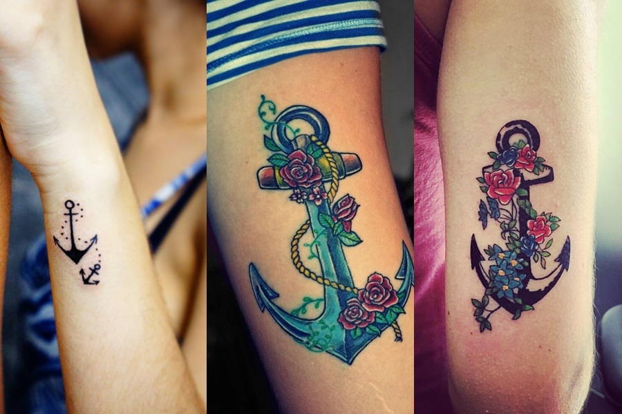 tatuagem de âncora colorida com flores e mais básica