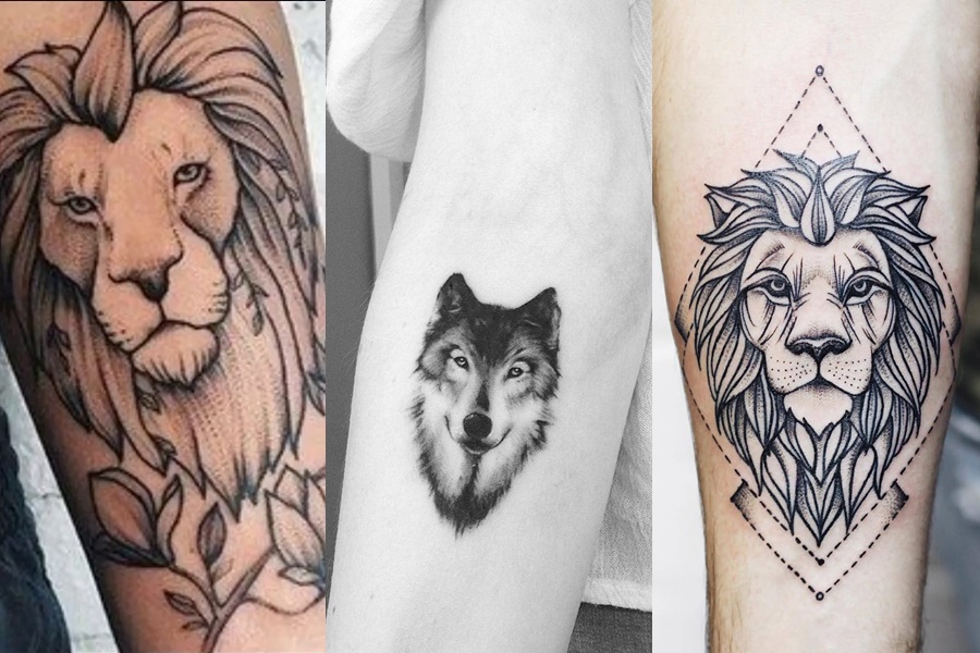 tatuagens femininas no braço de leão e lobo