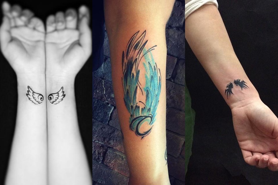 3 modelos de tatuagens de asas, uma colorida e as outras básicas em preto