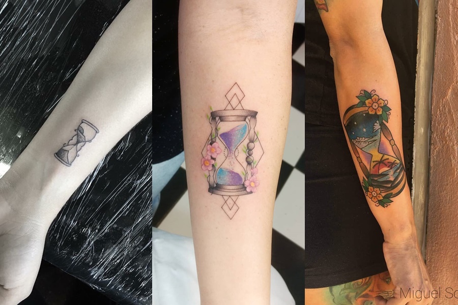 3 tatuagens de ampulheta colorida e básica