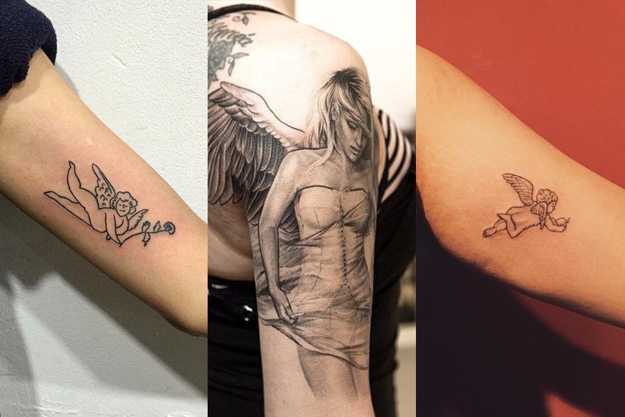 três exemplos de fotos de tatuagens no braço de anjos 
