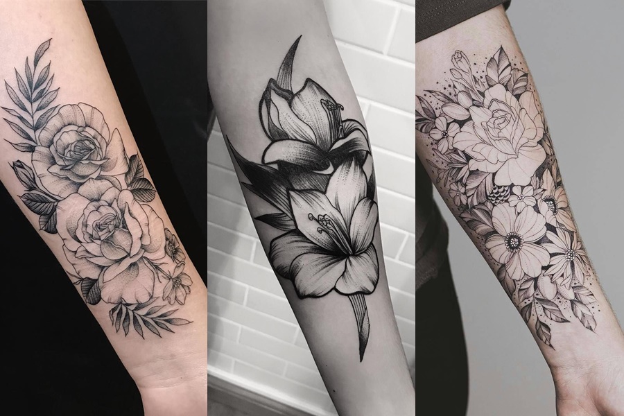 tatuagens de flores no braço sem ser coloridas