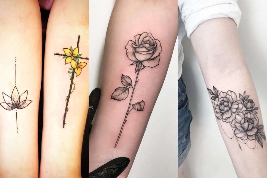 rosas e outros estilos de flores tatuadas no braço