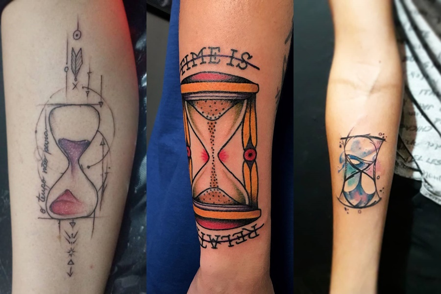 tattoo de ampulheta colorida no braço 