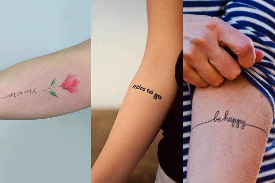 três exemplos de tatuagens delicadas de frases escrita no braço 
