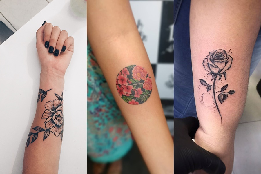 tatuagens de flor colorida ou traços pretos 