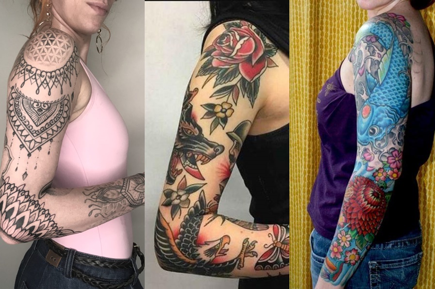 3 modelos de tatuagens no braço todo, uns mais coloridos outro menos desenhado 