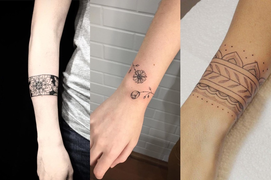 tatuagem feminina no braço estilo bracelete