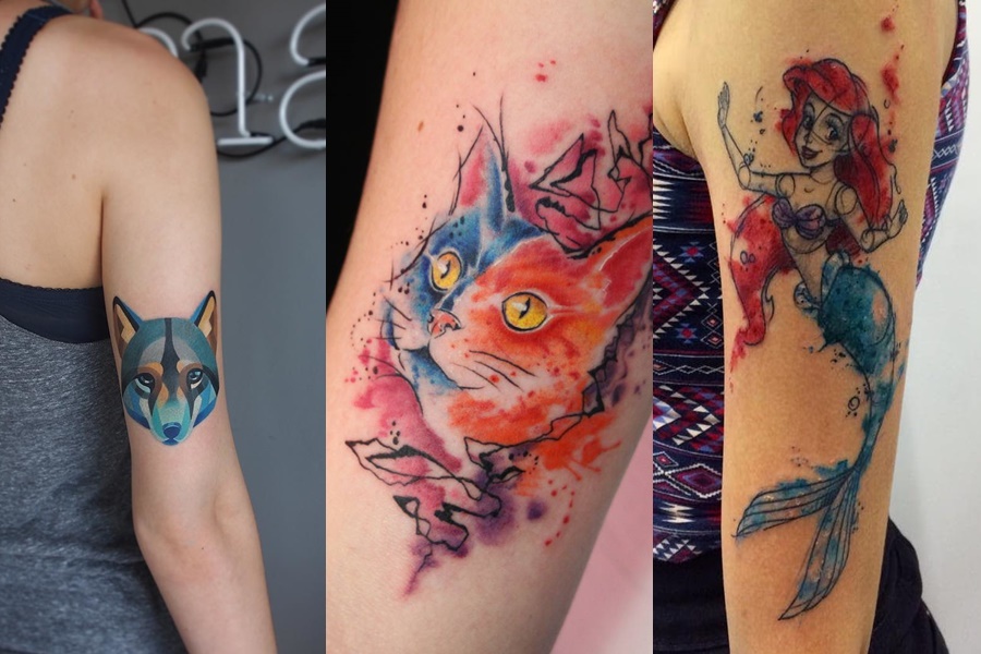 tatuagens coloridas de animais e a pequena sereia