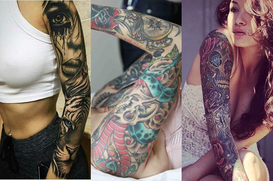 tatuagem no braço de caveira, rosto de uma mulher e outros desenhos
