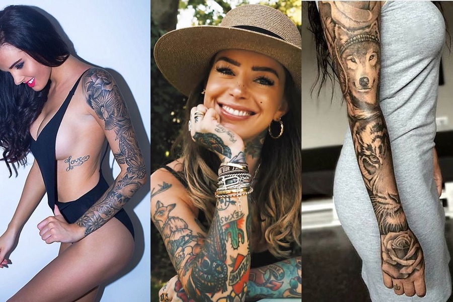 3 exemplos de mulheres com o braço todo fechado de tatuagem