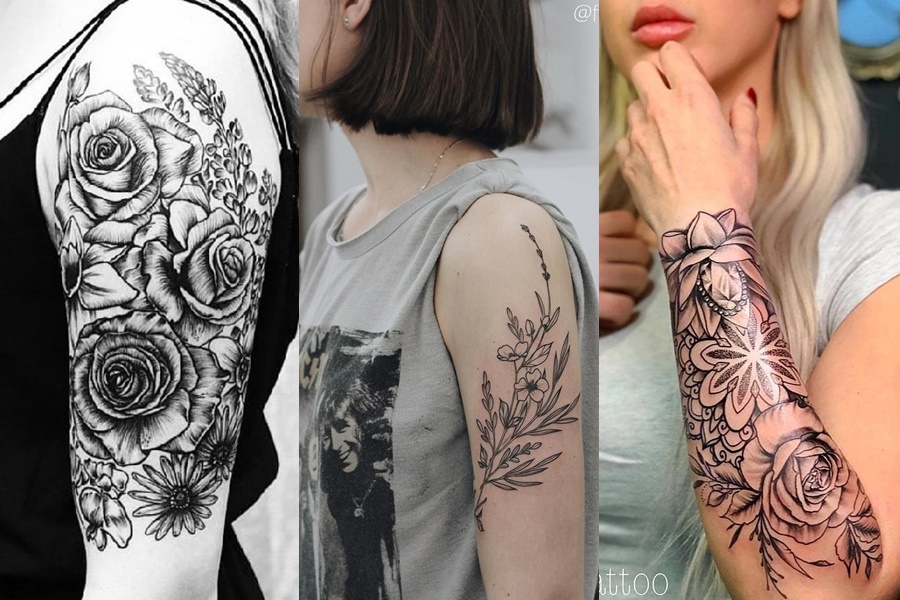 tattoo de rosas e ramos no braço