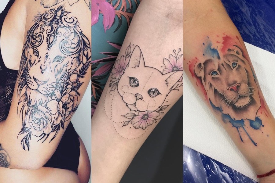 tatuagem no braço de animais (gato e leão)