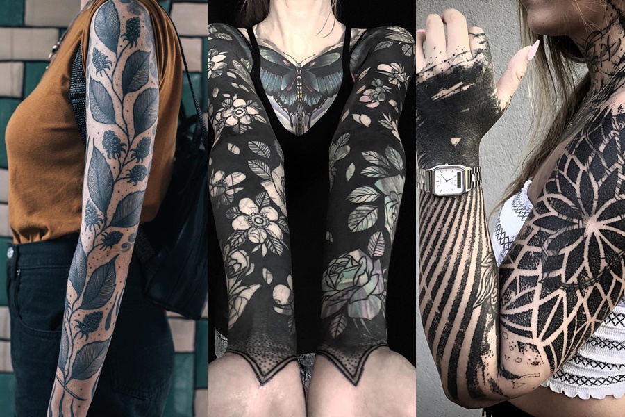 mulheres com braço fechado de tatuagem de flores e folhas
