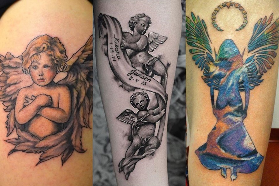 exemplos de tatuagens femininas de anjo colorido e preto e branco