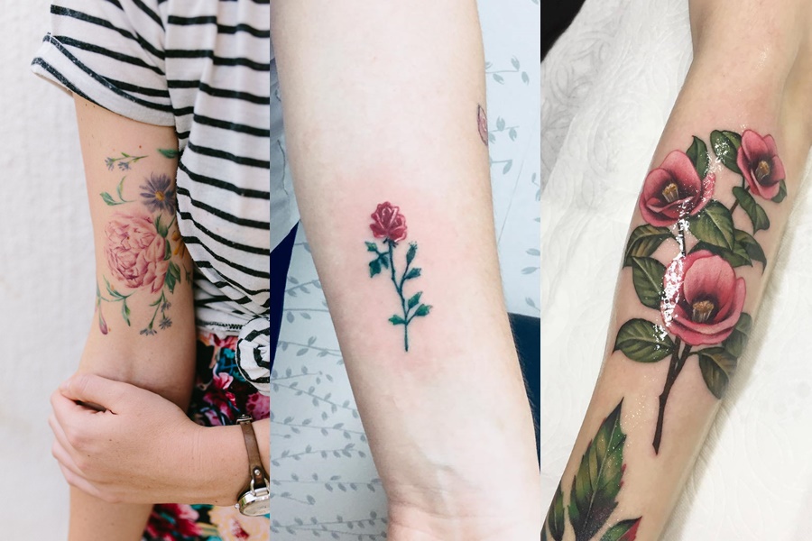 tatuagens coloridas e delicadas de rosas e flores no braço