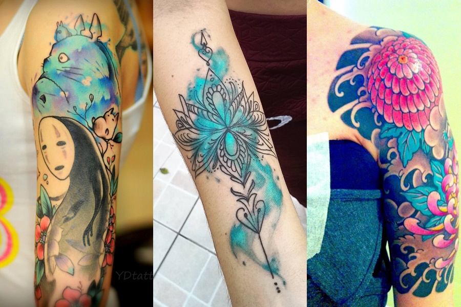 tattoos no braço coloridas de flores e desenhos