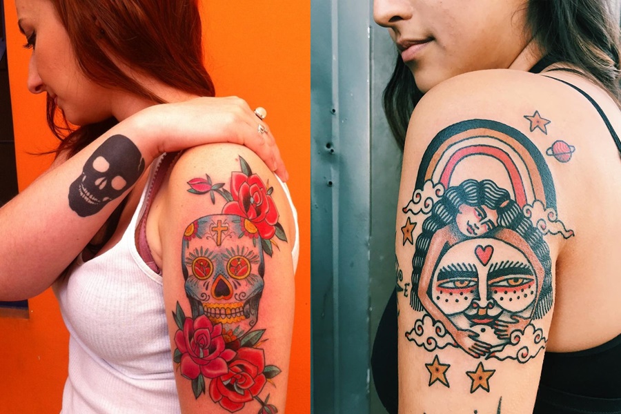 tatuagens coloridas no braço de caveira e indio 