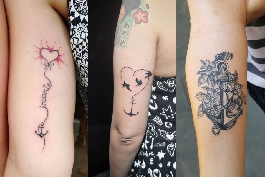 tatuagens de âncora delicados e robustos no braço 