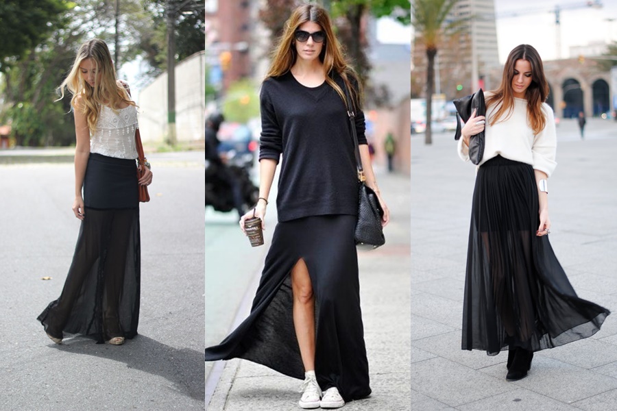 mulheres vestindo saia longa na cor preta 