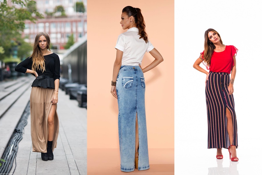 3 exemplos de mulheres vestindo modelos de saias longas com  fenda 