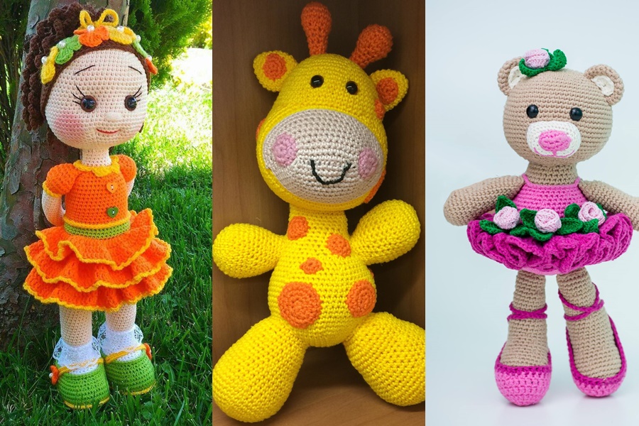 amigurumi de boneca , urso e girafa