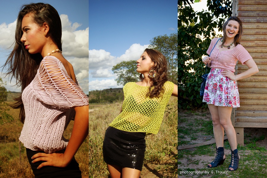 3 exemplos de meninas usando blusas de crochê